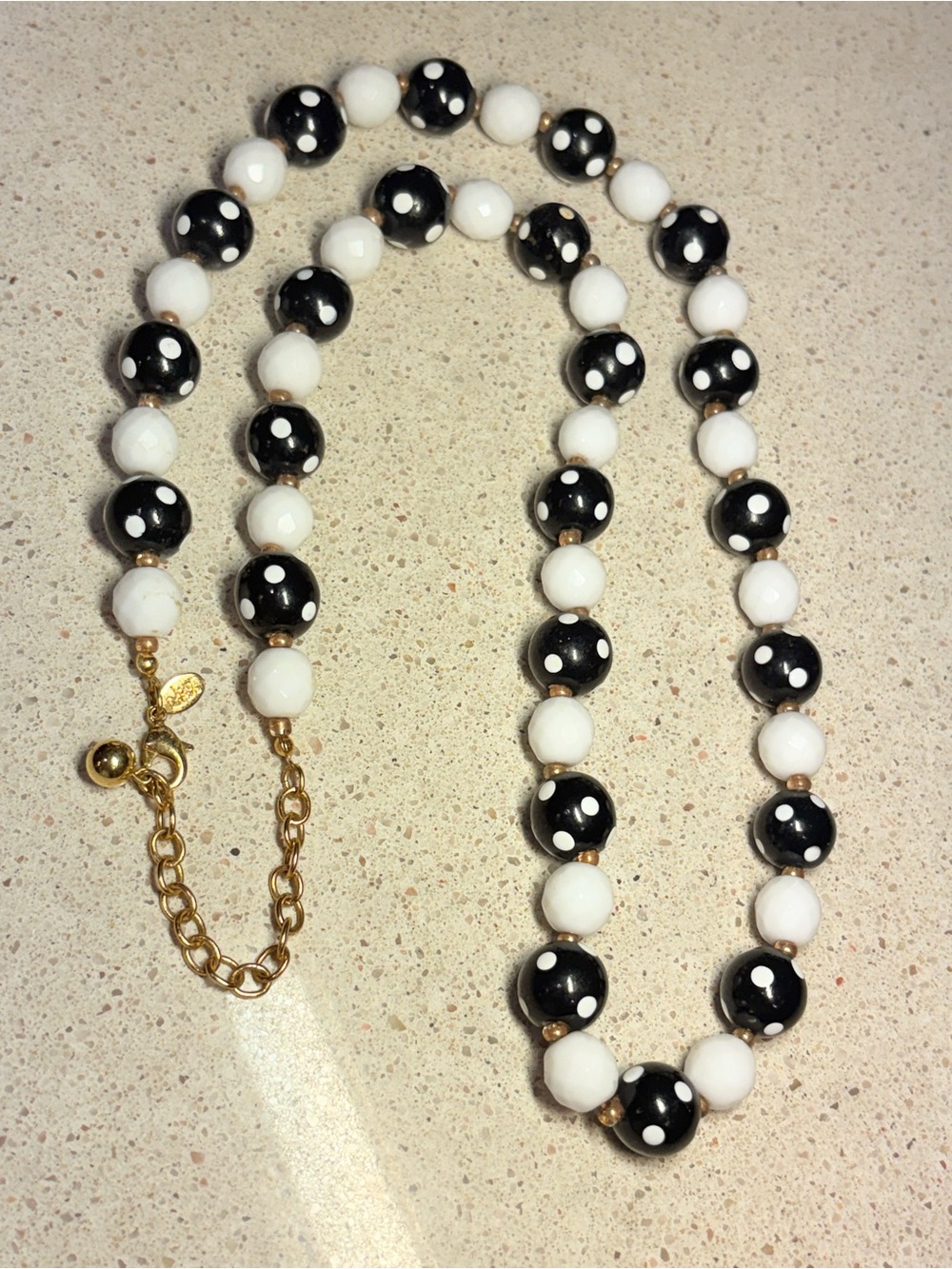 Vintage Joan Rivers Black & White Polka Dot Beaded Strand Necklace Gold Tone 24"